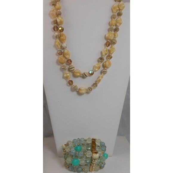 Handmade Jewelry - Vintage Beaded Jewelry Set Cream Double Strand Necklace & Aqua Stretch Cuff